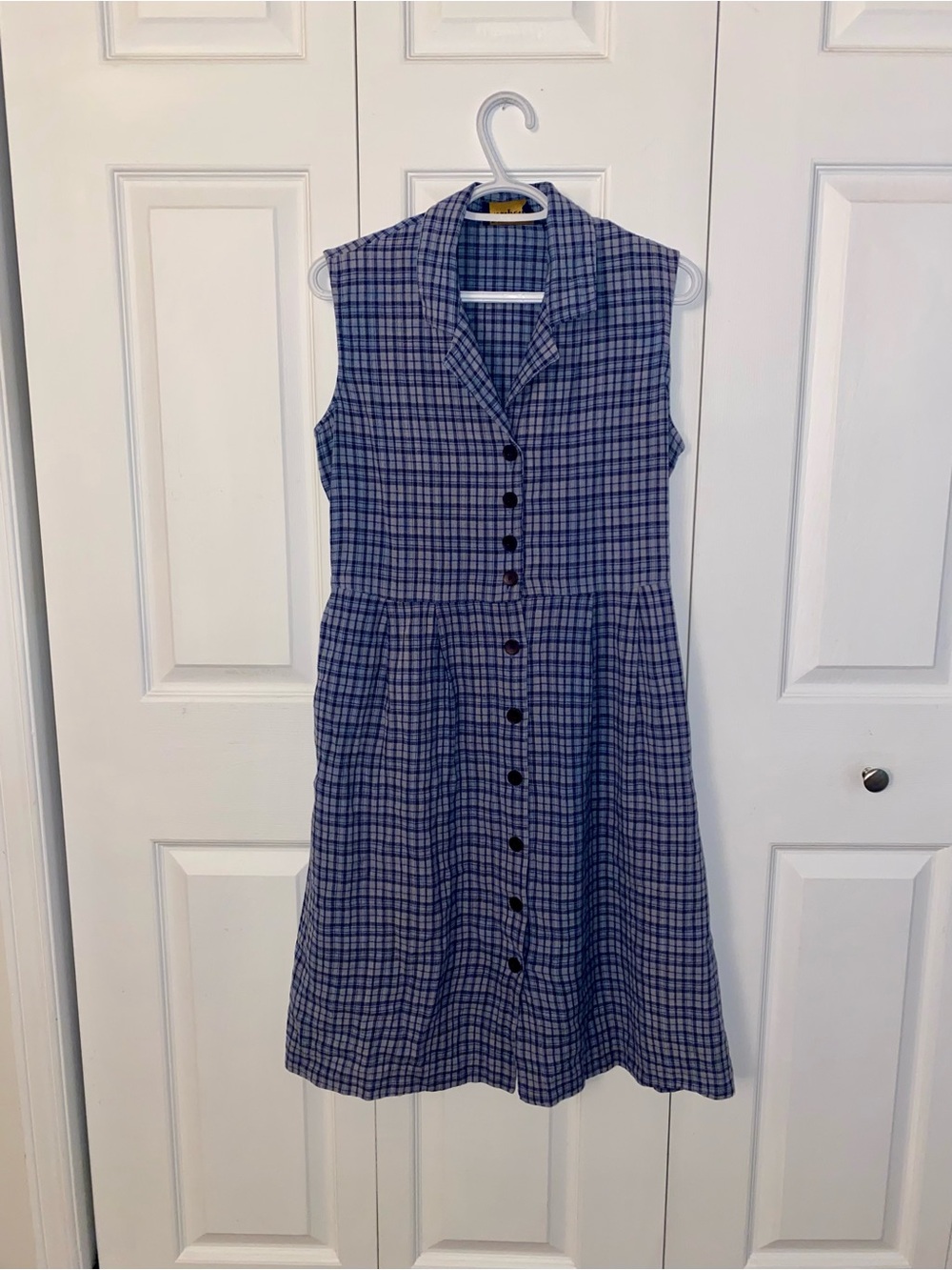 Sleeveless Blue Plaid Button-Front Dress